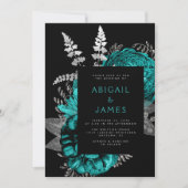 Invitation Élégant Moody Dark Floral Turquoise Mariage argent (Devant)