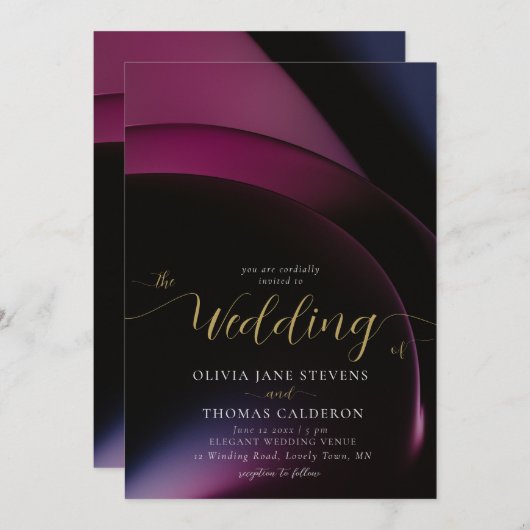 Invitation Élégant Moody Dark Purple Arches géométriques Mari (Devant / Derrière)
