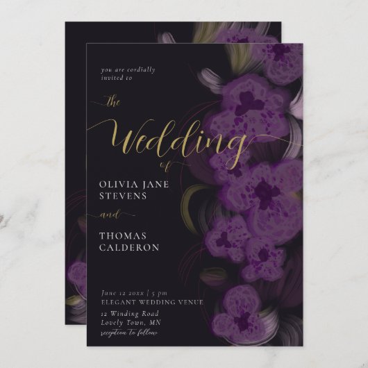 Invitation Élégant Moody Dark Purple Orchids Wreath Mariage (Devant / Derrière)