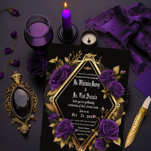 Invitation Élégant Moody Purple & Gold Mariage gothique