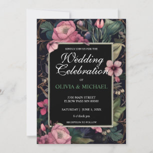 Invitation Élégant moody rétro Mariage à fleurs roses