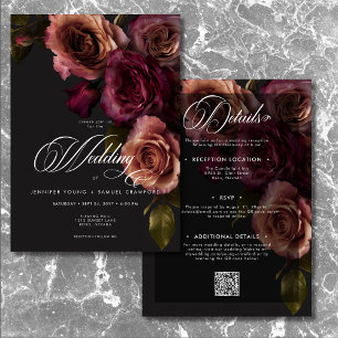 Invitation Elégant Moody Rust & Bourgogne Floral Deux Côtés