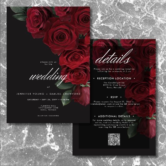 Invitation Élégant Moody Sang Roses Rouge Floral Deux Côtés