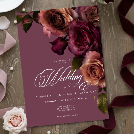Invitation Elegant Moody Soft Rust & Burgundy Floral Wedding