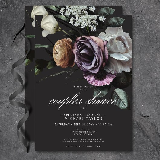 Invitation Elégant Moody Twilight Muted Floral Couples Douche