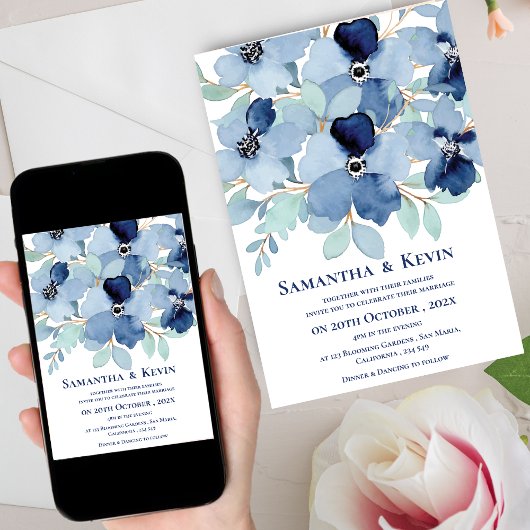 Invitation Elégant Moody Watercolor Blue Floral Mariage