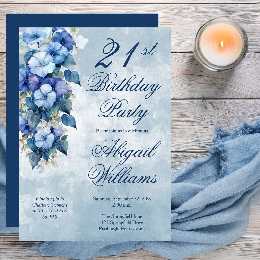 Invitation Elegant Morning Glories Blue Floral 21st Birthday