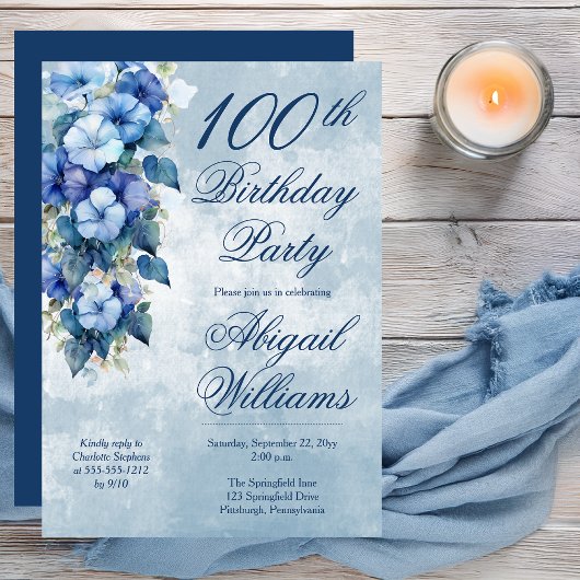 Invitation Elegant Morning Glory Blue Floral 100th Birthday 