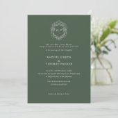 Invitation Élégant Moss Green Crest Monogram Mariage (Debout devant)