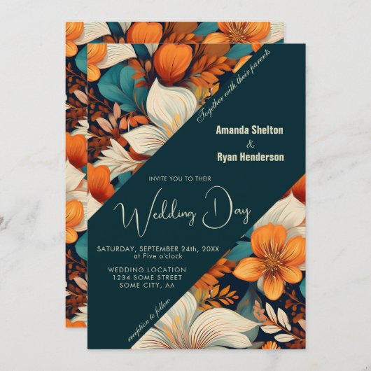 Invitation Élégant Motif à fleurs tropicales Mariage (Devant / Derrière)