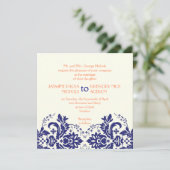 Invitation Elégant motif damassé bleu marine, corail mariage (Debout devant)