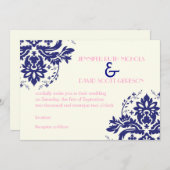 Invitation Elégant motif damassé bleu marine, mariage rose (Devant / Derrière)