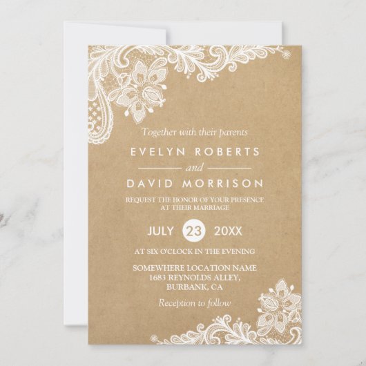 Invitation Élégant Motif de dentelle florale Kraft | Mariage (Devant)