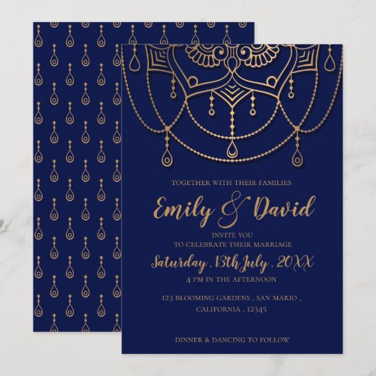 Invitation Elégant Motif de design Blue Gold de la Marine (Devant / Derrière)