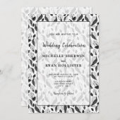 Invitation Élégant Motif de feuille blanche noire Mariage bot (Devant / Derrière)