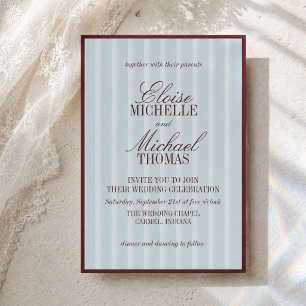 Invitation Élégant motif rayé bleu français et burgundy