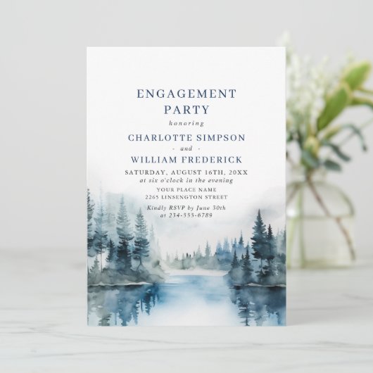 Invitation Elegant Mountain Forest Engagement Party Photo (Debout devant)