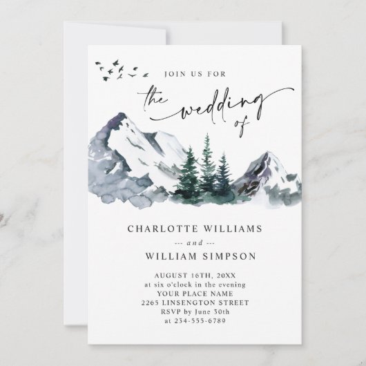 Invitation Elegant Mountain Forest Mariage Code QR (Devant)