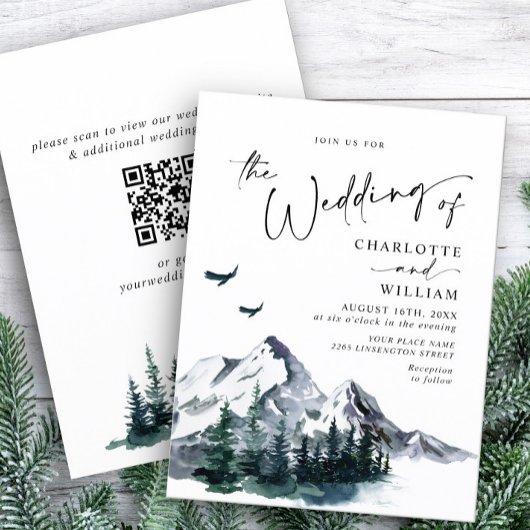 Invitation Elegant Mountain Forest Mariage Code QR