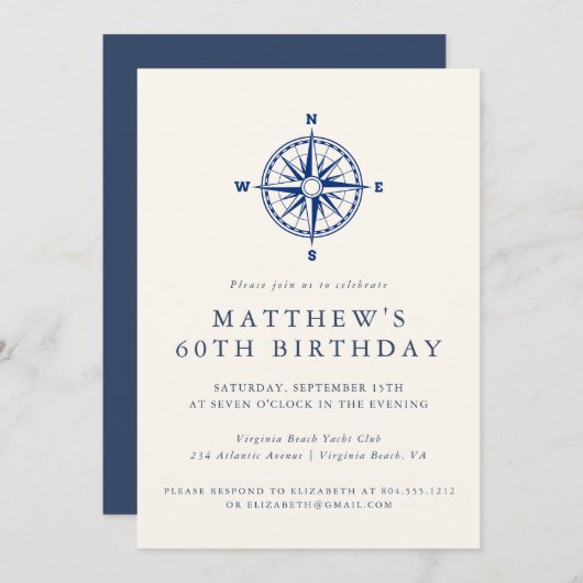 Invitation Elegant Nautical Compass Adult Birthday Party (Devant / Derrière)