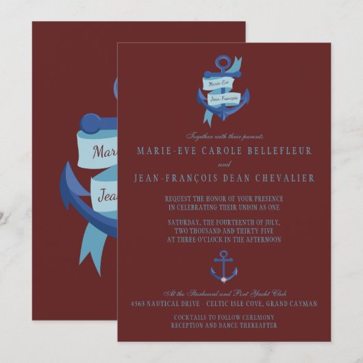 Invitation Elégant Nautical Yacht Destination Mariage (Devant / Derrière)