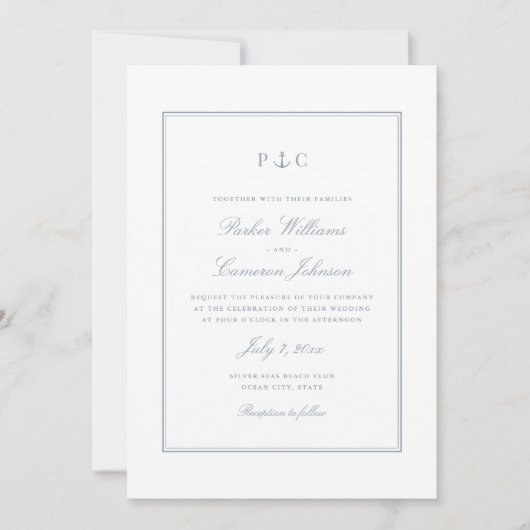 Invitation Elégant Nautique Dusty Blue Ancre Mariage (Devant)