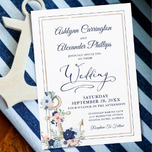 Invitation Élégant Nautique Floral Ancre Marine Mariage or