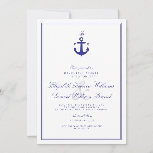 Invitation Élégant Nautique Monogramme Répétition Dîner Invit (Devant)