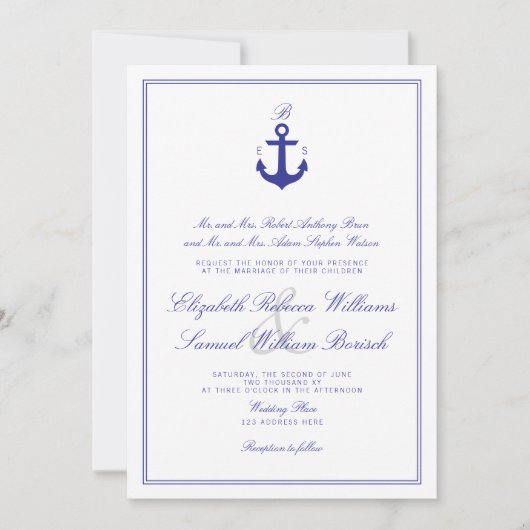 Invitation Elégant Nautique Nettoyer Monogramme Mariage Invit (Devant)