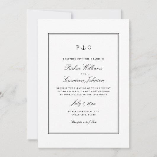 Invitation Elégant Nautique noir et blanc Mariage Ancre (Devant)