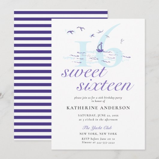 Invitation Elégant Nautique Stripes Bateau Ocean Sweet 16 (Devant / Derrière)