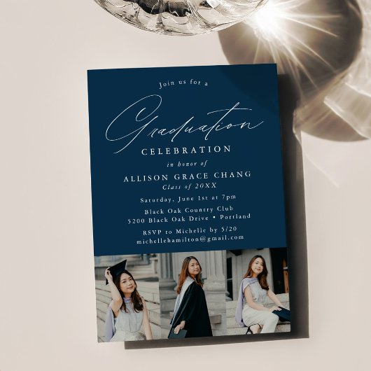 Invitation Elegant Navy 3 Photo Graduation Party