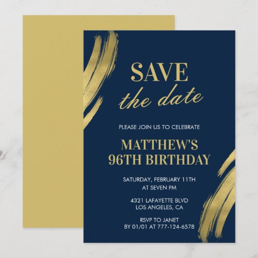 Invitation Elegant Navy 96e anniversaire Enregistrer la date (Devant / Derrière)