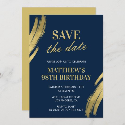 Invitation Elegant Navy 98e anniversaire Enregistrer la date (Devant / Derrière)