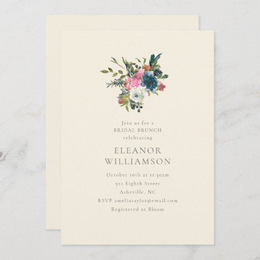 Invitation Elegant Navy and Blush Floral Bridal Brunch (Devant / Derrière)
