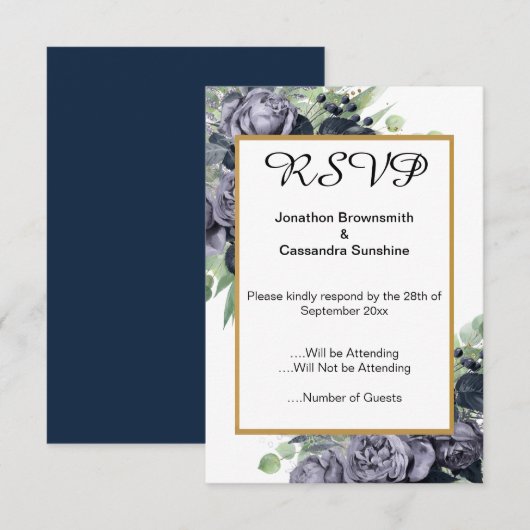 INVITATION ÉLÉGANT NAVY BLEU OR EUCALYPTUS ROSE RSVP (Devant / Derrière)