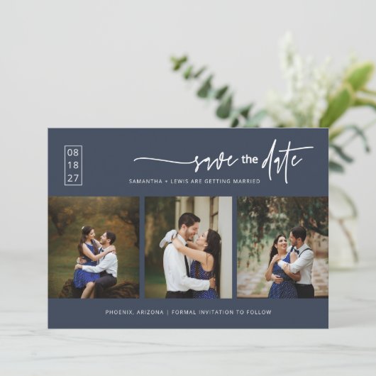 Invitation Elegant Navy Blue Boho Enregistrer la date QR Code (Debout devant)