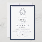 Invitation Elegant Navy Blue botanical crest monogram wedding (Devant)