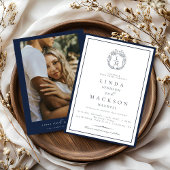 Invitation Elegant Navy Blue botanical crest monogram wedding