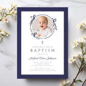 Invitation Elegant Navy Blue Bow Photo Baptism