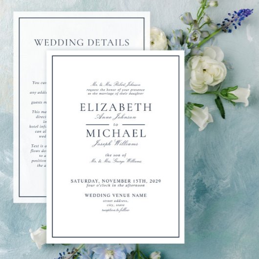 Invitation Elegant Navy Blue Classic Script Détails Mariage