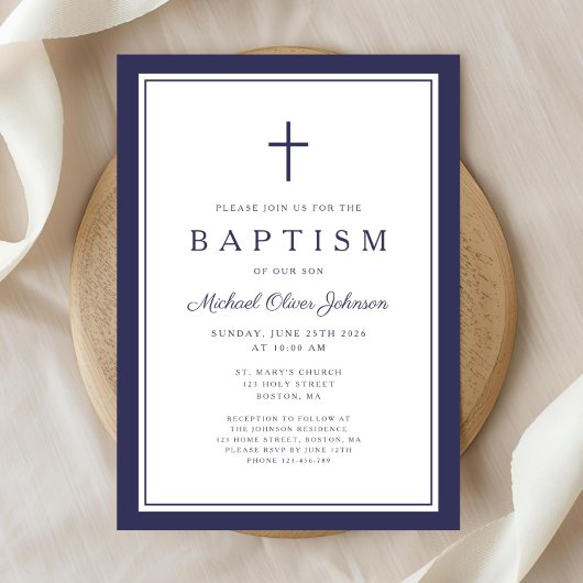 Invitation Elegant Navy Blue Cross Boy Baptism