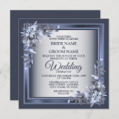 Invitation Elegant Navy Blue Floral Framed Silver Wedding (Devant / Derrière)