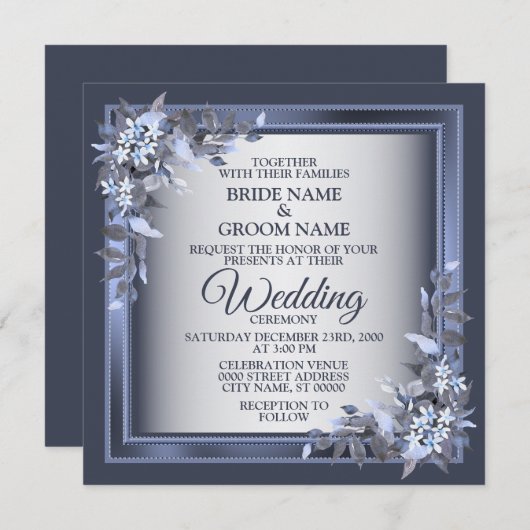 Invitation Elegant Navy Blue Floral Framed Silver Wedding (Devant / Derrière)