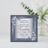 Invitation Elegant Navy Blue Floral Framed Silver Wedding (Debout devant)