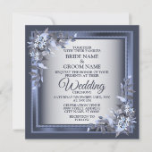 Invitation Elegant Navy Blue Floral Framed Silver Wedding (Devant)