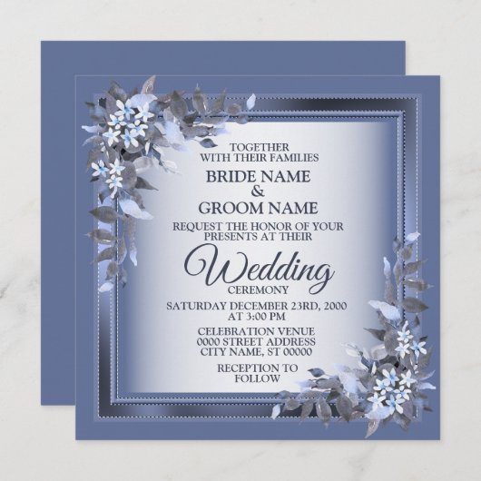 Invitation Elegant Navy Blue Floral Framed Silver Wedding (Devant / Derrière)