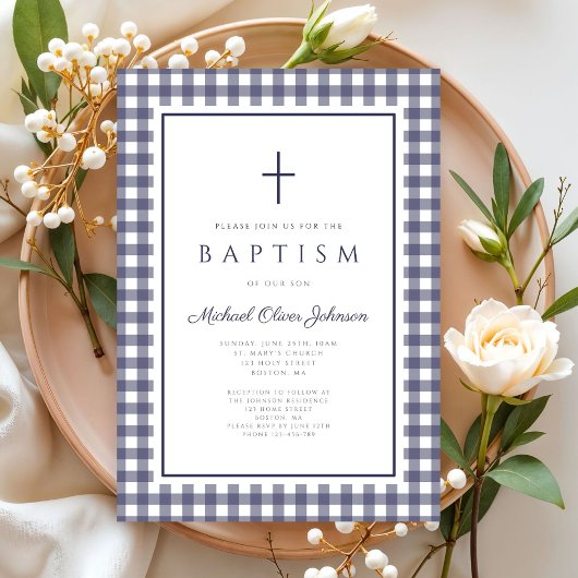 Invitation Elegant Navy Blue Gingham Boy Baptism