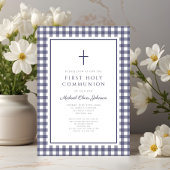 Invitation Elegant Navy Blue Gingham Boy First Communion