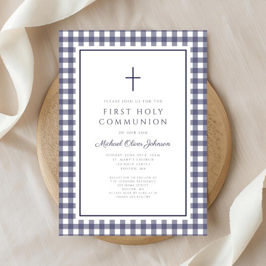 Invitation Elegant Navy Blue Gingham Boy First Communion